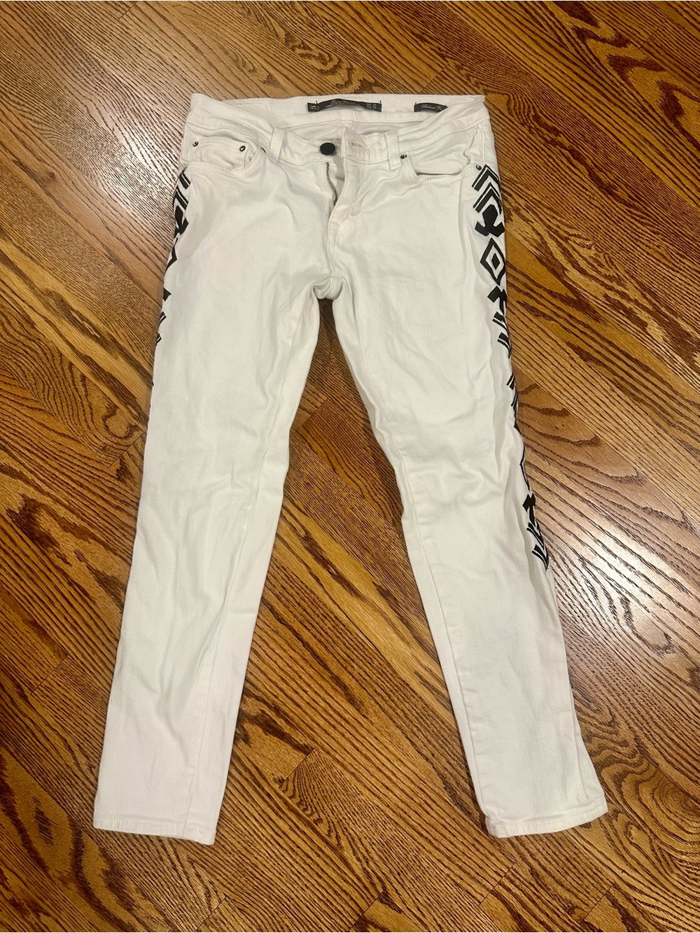 Zara White Skinny Jeans with Black Aztec Side Embroidered Stripe